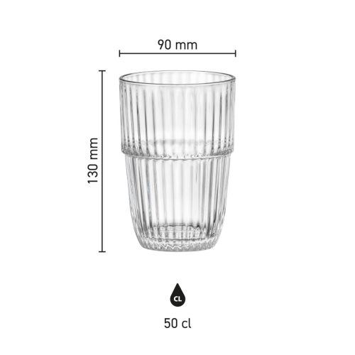 Technische tekening met afmetingen van de Barshine Tumbler 50 cl. glas, inclusief diameter en hoogte.