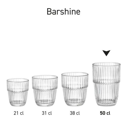 Rij van Barshine Tumbler glazen in serieopstelling van helder glasmateriaal.