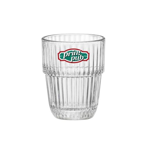 Barshine Tumbler 6,8 cl. met meerkleurig PrintPub-logo op de voorzijde van het glas.