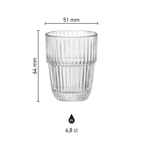 Infographic met productafmetingen van de Barshine Tumbler 6,8 cl. glas weergegeven.