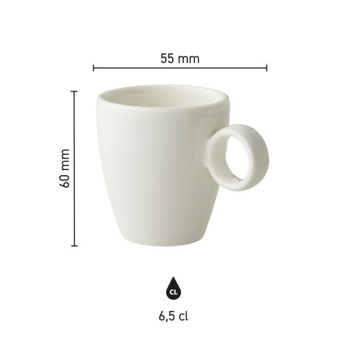 Duidelijke maatvoering van Bart Espresso kop 6,5 cl porselein weergegeven in infographic.