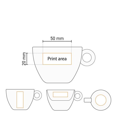 Technische werktekening van Bola Cappuccino 20 cl set in porselein met aanduiding van het drukgebied op beide items.