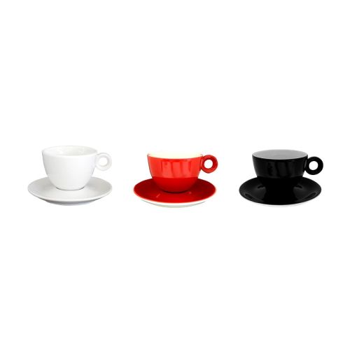 Kleuroverzicht van Bola cappuccinoset 20 cl. in porselein, diverse kleurvarianten naast elkaar.