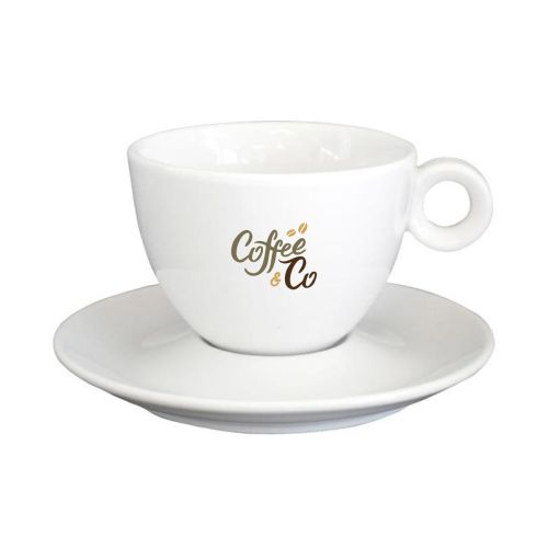 Bola cappuccinoset 20 cl. van porselein met meerkleurig CoffeeCo-logo op kopje gedrukt.