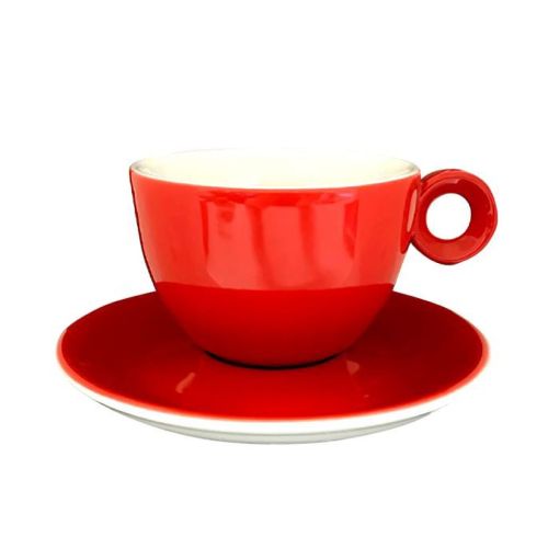 Vooraanzicht van Bola cappuccino rood-wit 20 cl. set van porselein, met afgeronde vorm.