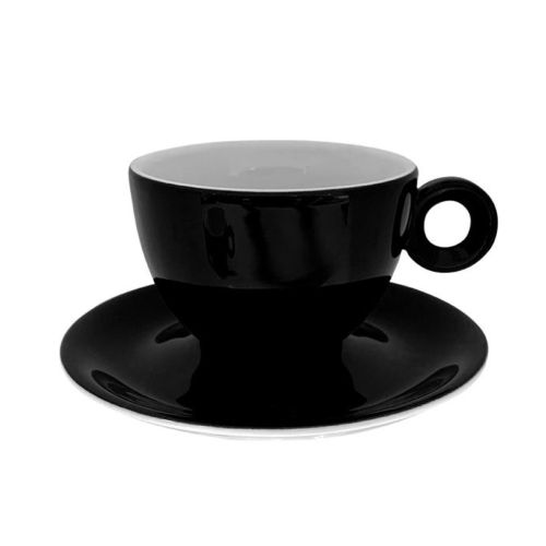 Vooraanzicht van Bola cappuccino zwart-wit 20 cl. set van porselein, met afgeronde vorm.