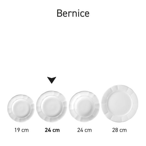 Serie van borden Bernice in porselein overzichtelijk naast elkaar geplaatst.