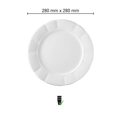 Infographic met productafmetingen van bord Bernice 28 cm in wit porselein.