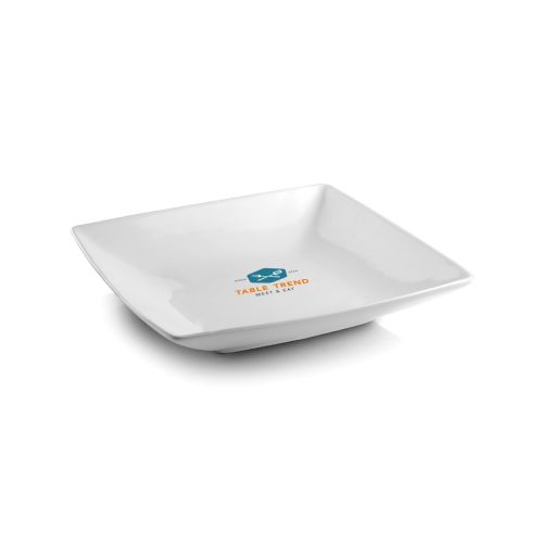 Vierkant diep Squito bord 22 cm van porselein met meerkleurig logo TableTrend op het vooraanzicht.
