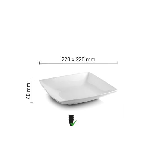 Infographic met afmetingen van het vierkante diepe Squito bord 22 cm in porselein.