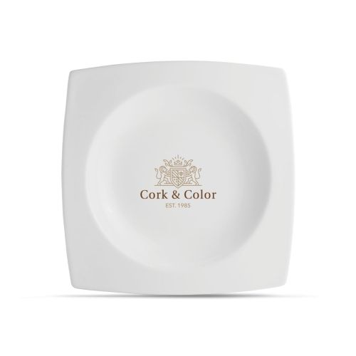 Vierkant diep Squito bord 27 cm van porselein met meerkleurig logo CorkColor op het vooraanzicht.