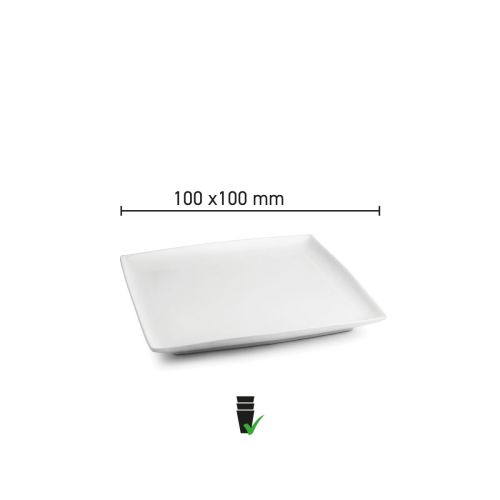 Infographic met productafmetingen van het vierkante Squito bord 10 cm in porselein.