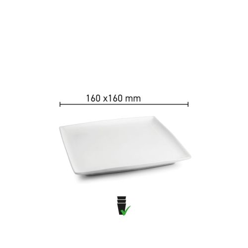 Infographic met afmetingen van het vierkante Squito bord 16 cm in porselein.