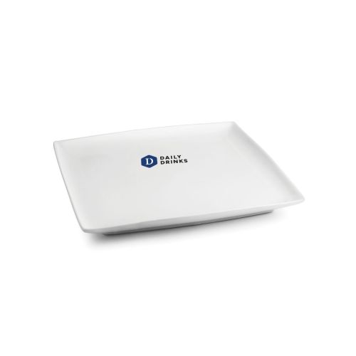Vierkant Squito bord 18 cm van porselein met meerkleurig logo DailyDrinks op het vooraanzicht.