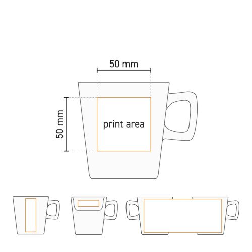 Werktekening toont drukgebied op voorzijde van Calvin mok 29 cl. porselein.