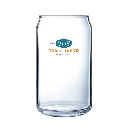 Transparant Can glas 35 cl met meerkleurig TableTrend logo op de voorzijde.