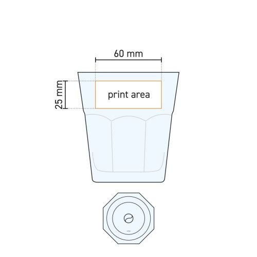 Werktekening van het Casablanca Rocks glas 35 cl. met aanduiding van het drukgebied voor logo’s.