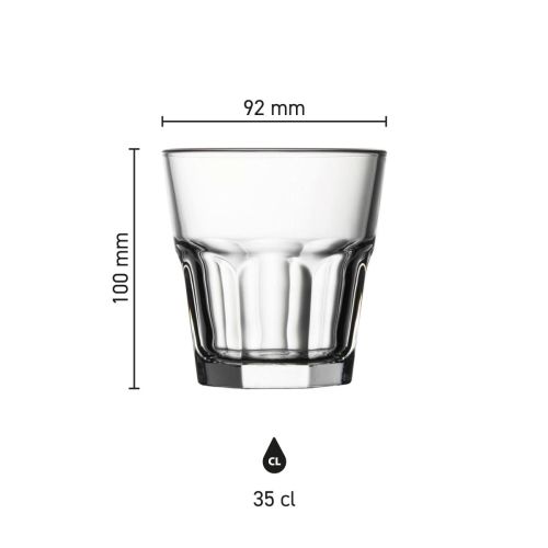 Infographic met productafmetingen van het Casablanca Rocks glas 35 cl., inclusief hoogte en diameter.