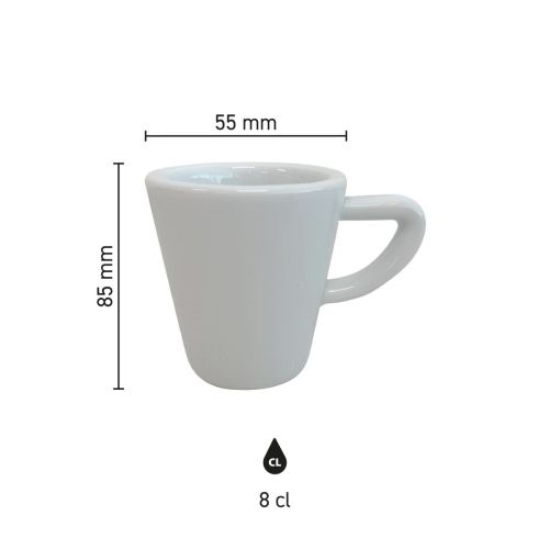 Infographic met productafmetingen van Delta espresso kop 8 cl porselein, overzicht van hoogte, diameter en inhoud van de koffiekop.