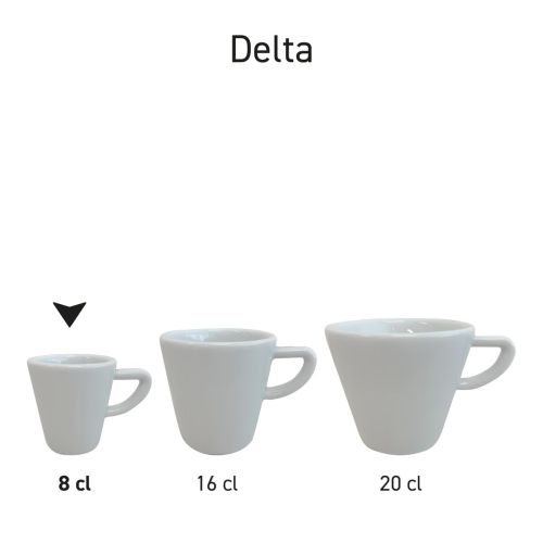 Delta espresso kop 8 cl porselein gepresenteerd in serie, meerdere espresso kopjes uit dezelfde servieslijn naast elkaar opgesteld.