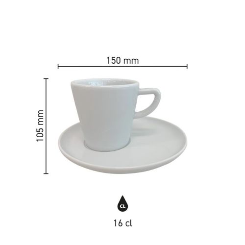 Infographic met productafmetingen van Delta koffiekopje 16 cl set van porselein, inclusief hoogte en diameter.