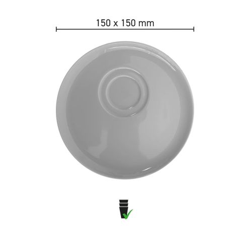 Infographic met productafmetingen van Delta schotel 15 cm porselein, overzicht van diameter en maatvoering van de koffieschotel.