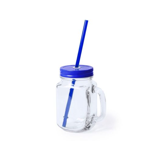 Drink Jar Country 48 cl glas met blauw deksel in vooraanzicht, transparante drinkpot met deksel.