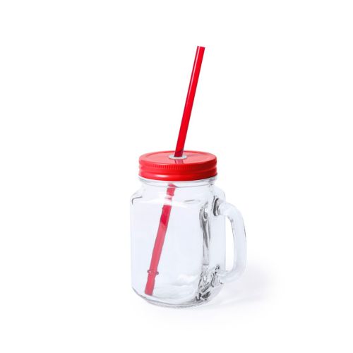 Drink Jar Country 48 cl glas met rood deksel in vooraanzicht, transparante drinkbeker met schroefsluiting.
