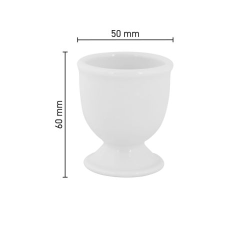 Infographic met afmetingen van het eierdopje Essentials van porselein, wit servies met duidelijk maatoverzicht.