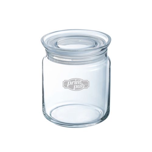 Glazen pot van 0,75 liter met deksel en gegraveerd PrintPub-logo zichtbaar op het vooraanzicht.