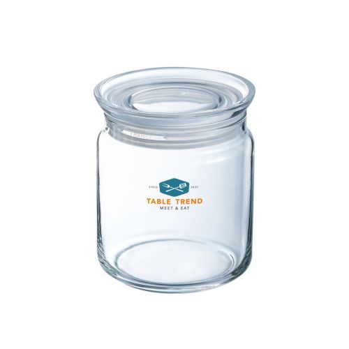 Glazen pot van 0,75 liter met deksel en TableTrend-logo in meerdere kleuren op het vooraanzicht.