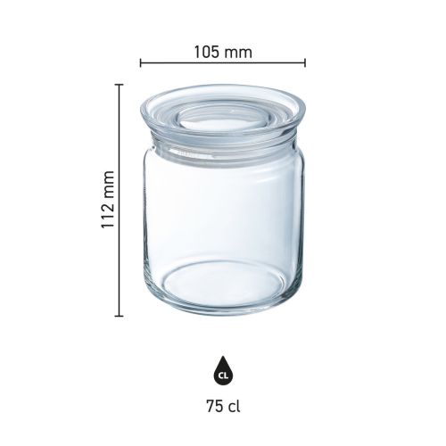 Infographic met afmetingen van een glazen pot van 0,75 liter met deksel, duidelijk en overzichtelijk.
