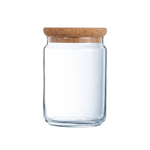 Glazen voorraadpot van 1 liter met kurken deksel, transparante pot voor keukenopslag in vooraanzicht.