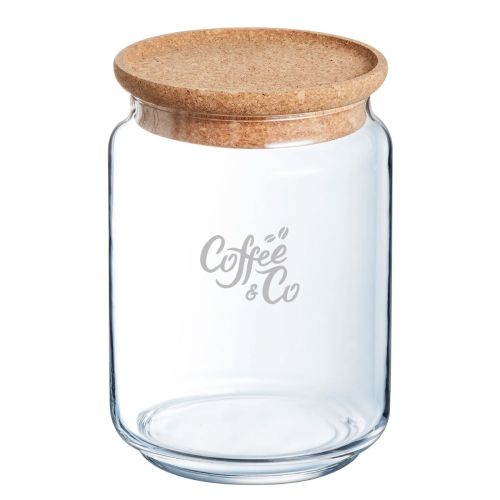 Glazen pot van 2 liter met CoffeeCo-logo als gravure op de voorkant, transparant voorraadglas met subtiel detail.