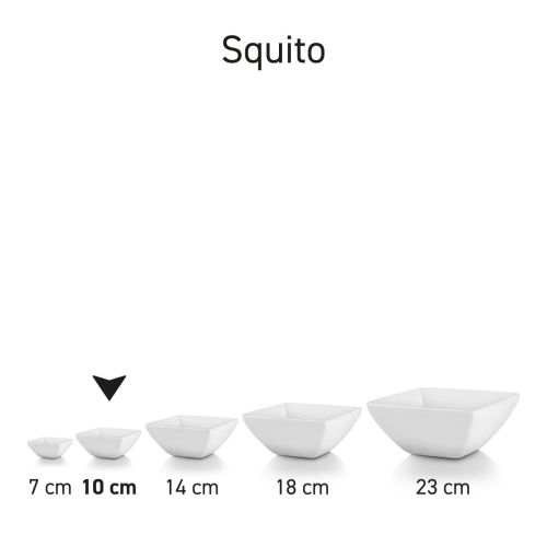Serie van vierkante Squito kommen in porselein, overzicht van meerdere exemplaren samen.
