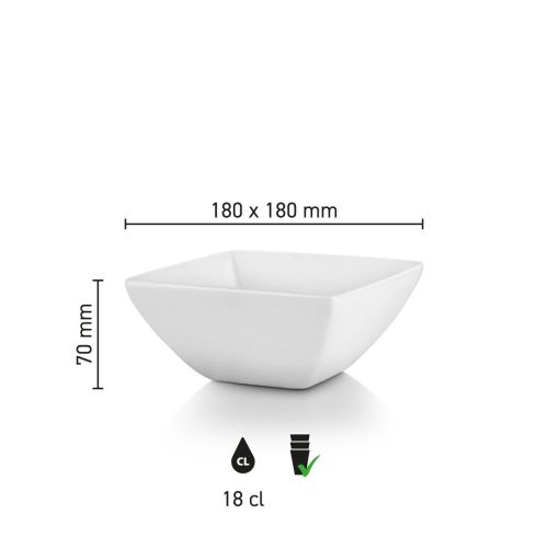 Infographic met afmetingen van de kom vierkant Squito van 18 cm in porselein.