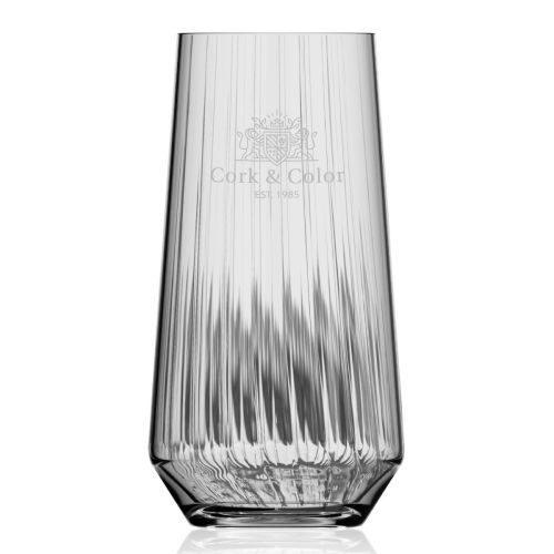 Melody lines tumbler 45 cl. glas met vooraanzicht van gegraveerd CorkColor-logo net onder de rand.