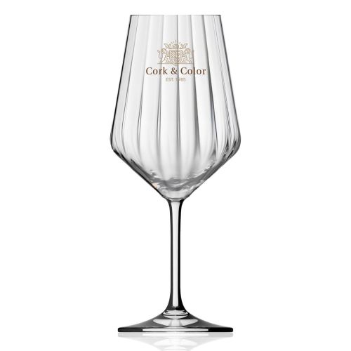 Glazen Melody lines wijnglas 53 cl. met CorkColor-logo in meerdere kleuren, zichtbaar op de voorzijde van de kelk.