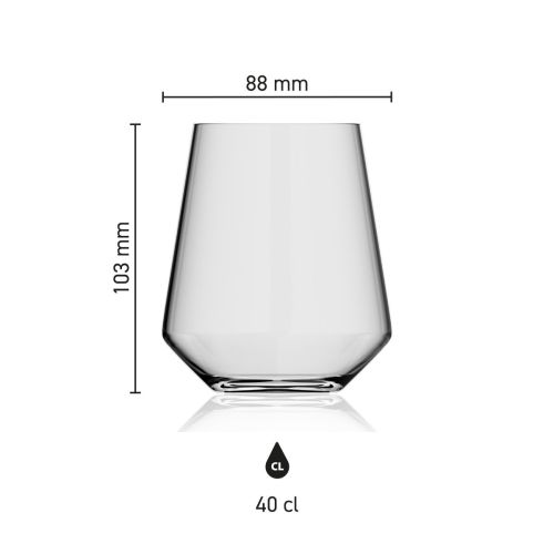 Overzicht met afmetingen van de glazen Melody tumbler 40 cl. inclusief hoogte, diameter en inhoudsindicatie.
