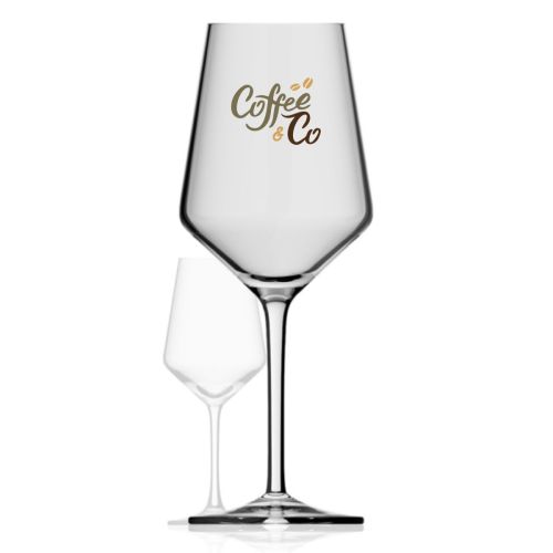 Voorzijde van Melody XXL wijnglas bedrukt met CoffeeCo-logo in meerdere kleuren.