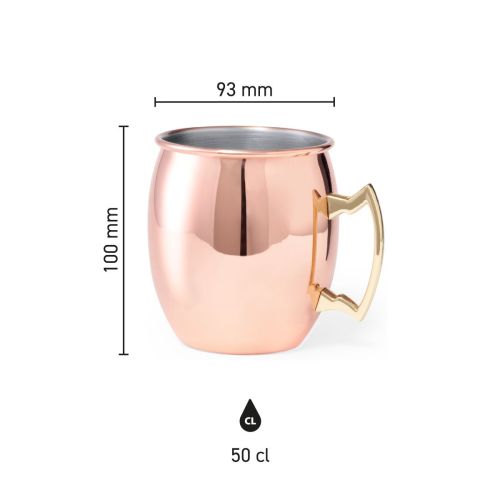 Infographic met productafmetingen van een Moscow Mule beker van RVS van 50 cl, inclusief hoogte en breedte.