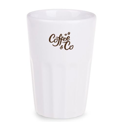 Noble beker 36 cl. porselein met CoffeeCo logo in 1 kleur op het vooraanzicht.