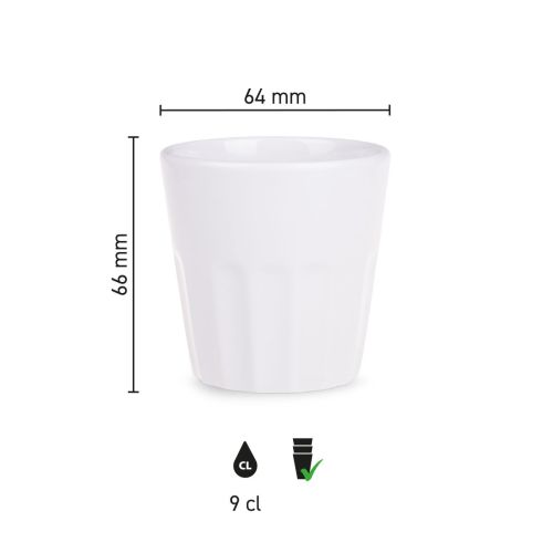 Infographic van Noble beker 9 cl porselein met duidelijke productafmetingen en inhoudsmaat.