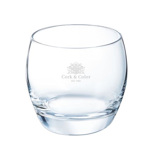 Salto Tumbler 32 cl glas met gegraveerd logo op vooraanzicht, subtiele glasgravure via CorkColor.
