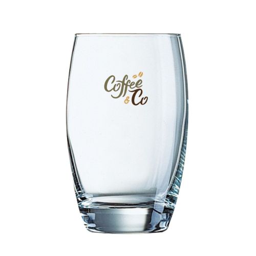 Helder Salto Tumbler 35 cl glas met meerkleurig logo op voorzijde, CoffeeCo bedrukking.