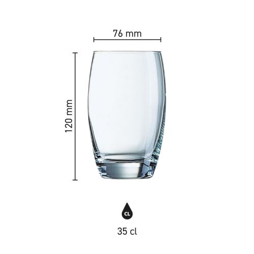 Infographic met productafmetingen van Salto Tumbler 35 cl glas inclusief hoogte en diameter.