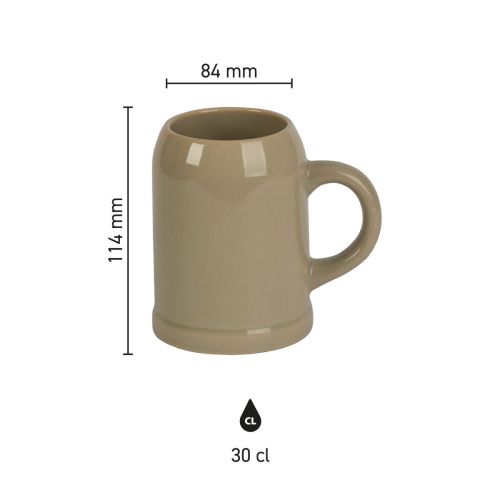 Infographic met productafmetingen van stenen bierpul 30 cl van aardewerk, overzicht van hoogte en diameter.