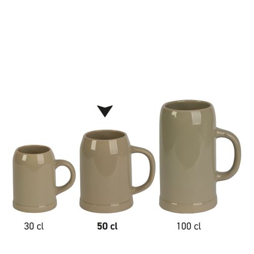 Serie stenen bierpullen met verschillende afmetingen van aardewerk naast elkaar opgesteld, overzicht van meerdere bierpullen.