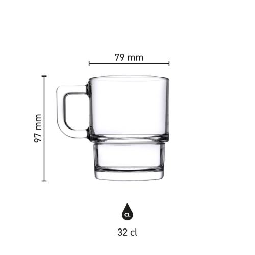 Infographic van theeglas Hill 32 cl in glas met productafmetingen, hoogte en diameter overzichtelijk weergegeven.