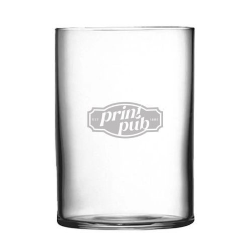 Top Class Tumbler 45 cl van glas met gegraveerd PrintPub-logo op de voorzijde van het transparante tumblerglas.